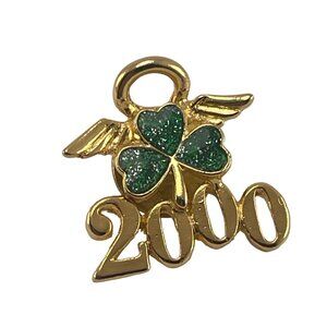 Vintage 2000 Shamrock Angel Pin Brooch Green Glitter Clover Gold-Tone Lapel Jewe